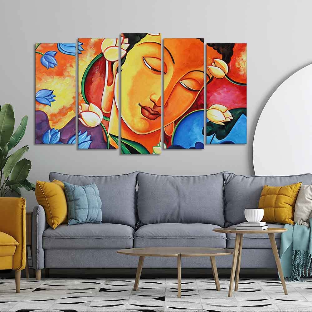 VIBECRAFTS Abstract Wall Painting of Spiritual Buddha Set of Five Pieces For Home|Office|Living Room|Gift (PTVC5Pcs2_6566)