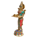 ARTVARKO Brass with Inlay Deep Lakshmi Lamp Lady Diya Lady Standing with Lamps Deep Laxmi Statue Religious Showpiece 10.5 Inch