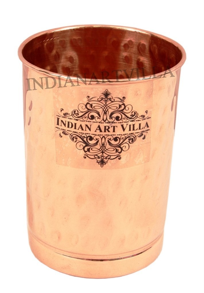 INDIAN ART VILLA Pure Copper Plain Glass with Hammered Design, Drinking Serving Water, Yoga Ayurveda, Volume-300 ml