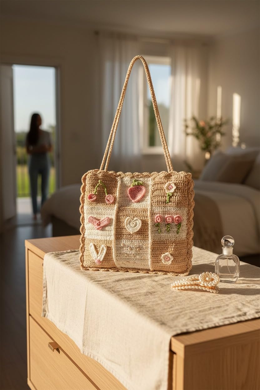 NYCRA Crochet Tote Bag, Beige, Floral and Heart Applique, Scalloped Edge, 30.5 x 30.5 cm, 63.5 cm Strap