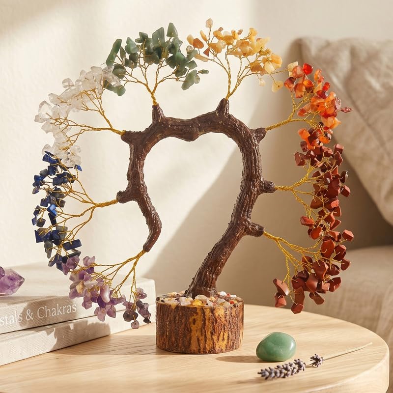 Fourteen Crystals 7 Chakra Heart Shaped Crystal Tree for Home Decor - 300 Natural Healing Stone - Feng Shui Tree of Life for Vastu, Wealth, Prosperity & Positive Energy (Multi-Color)