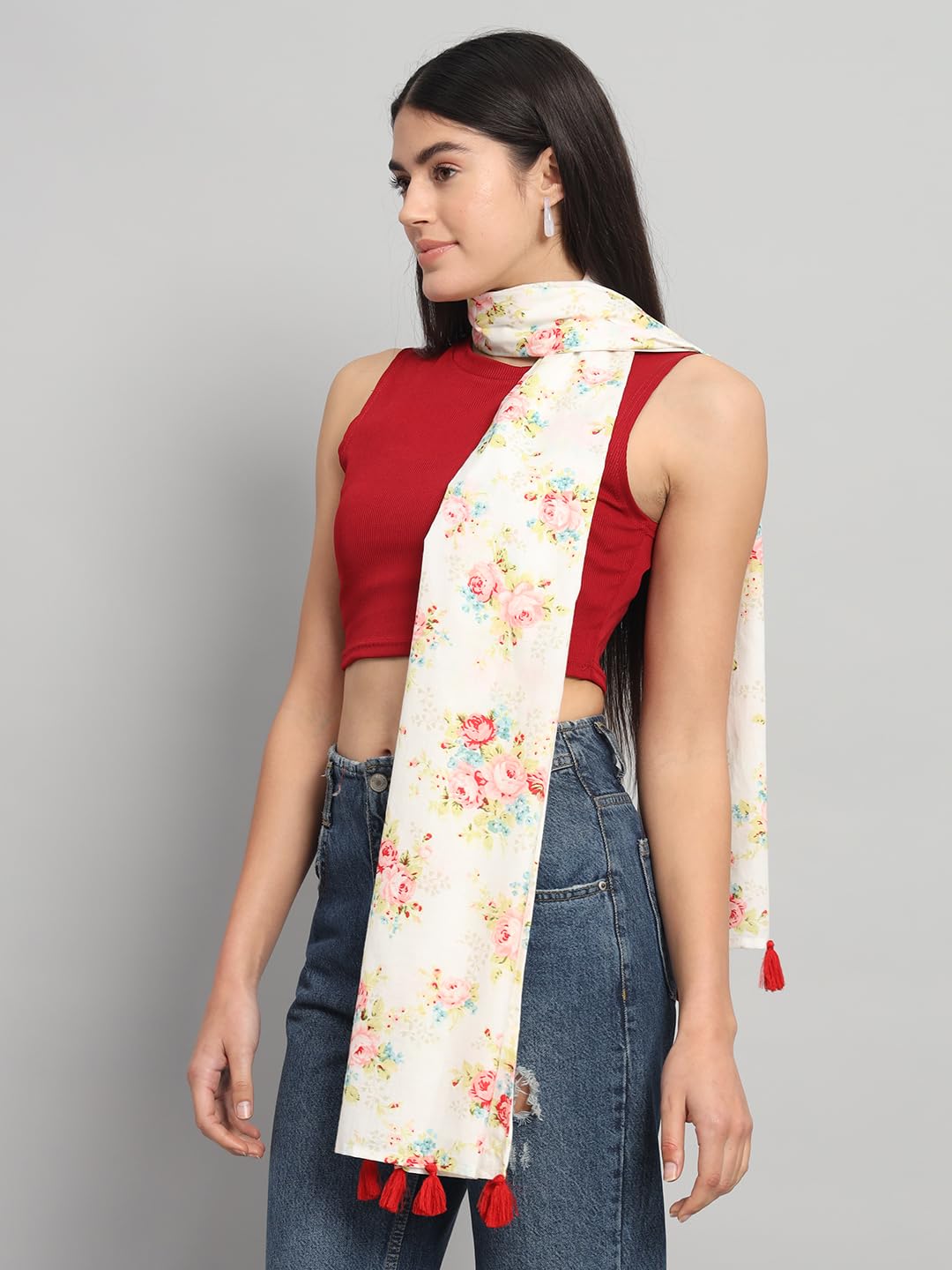 Ravaiyaa - Attitude is everything Women Off White & Peach Hand Block Rose Printed Cotton Tasseled Scarf 71 X 21 Inch