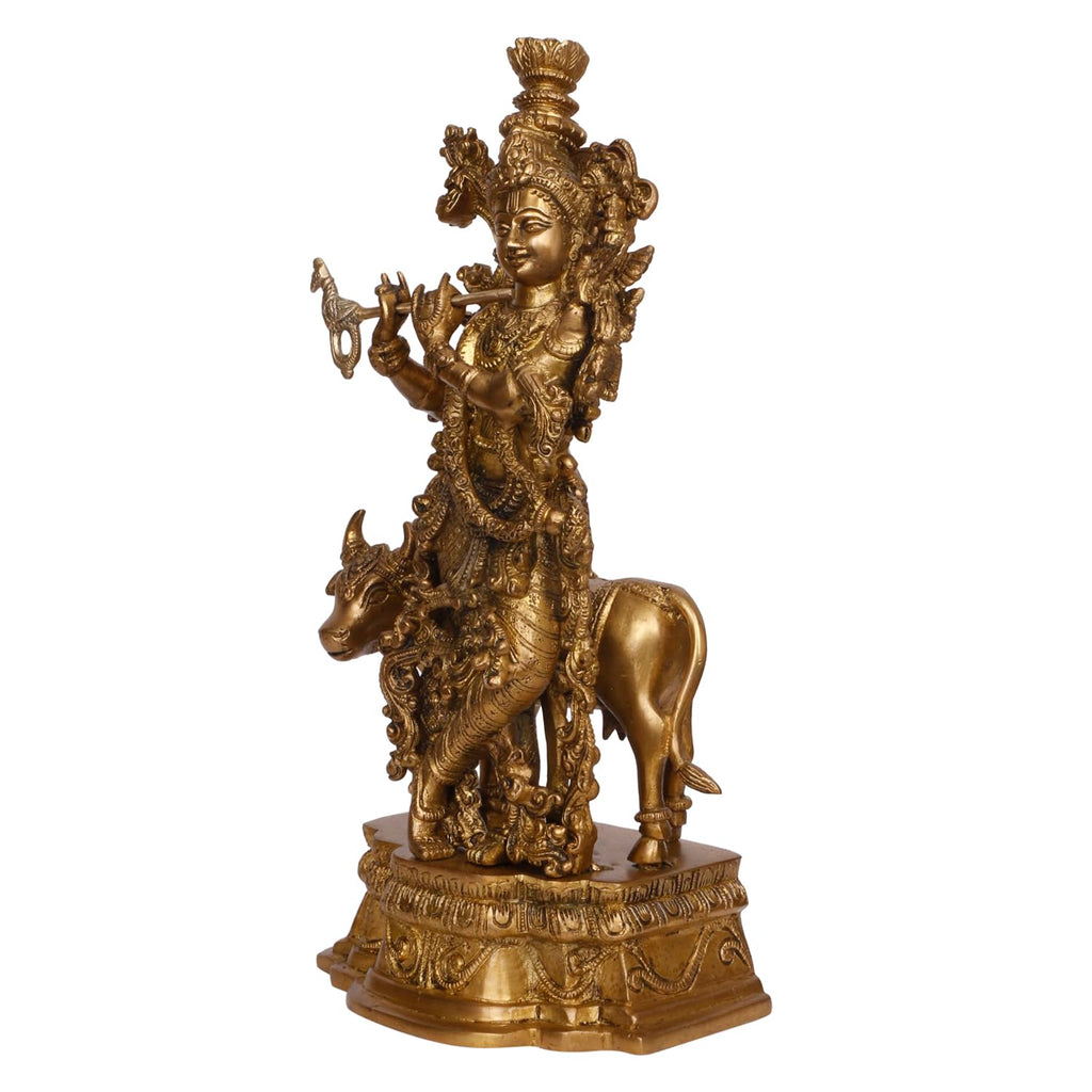 ARTVARKO Brass Krishna with Cow Standing Playing Flute Idol Statue for Home Mandir Pooja Krishan Ji Murti Temple Puja Office Home Décor Showpiece Gift 14 Inch.
