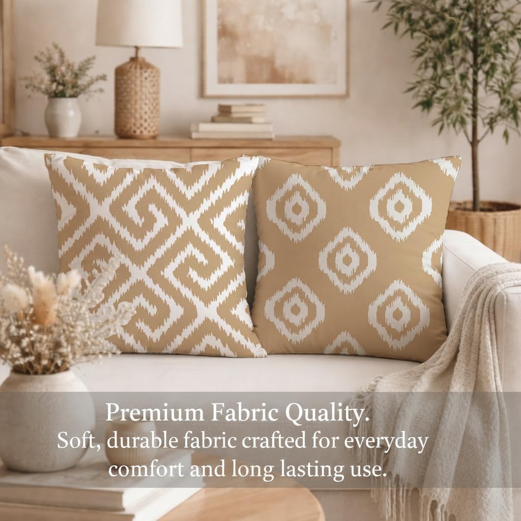 STITCHNEST Set of 2 Polycotton Cushion Covers – 24x24 Inches – Beige & White Ikat Geometric Print – Elegant Cushion Covers for Sofa & Living Room | Perfect for Home Decor