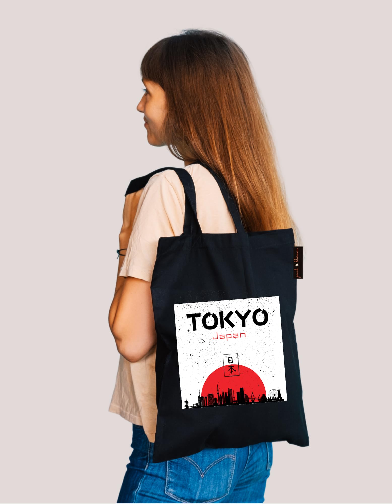 Peach Blossom Van Gogh Printed Tote Bag for Women with Zip, Stylish Cotton Handbags, Canvas Tote Bags for College (BLK_TOKYO)