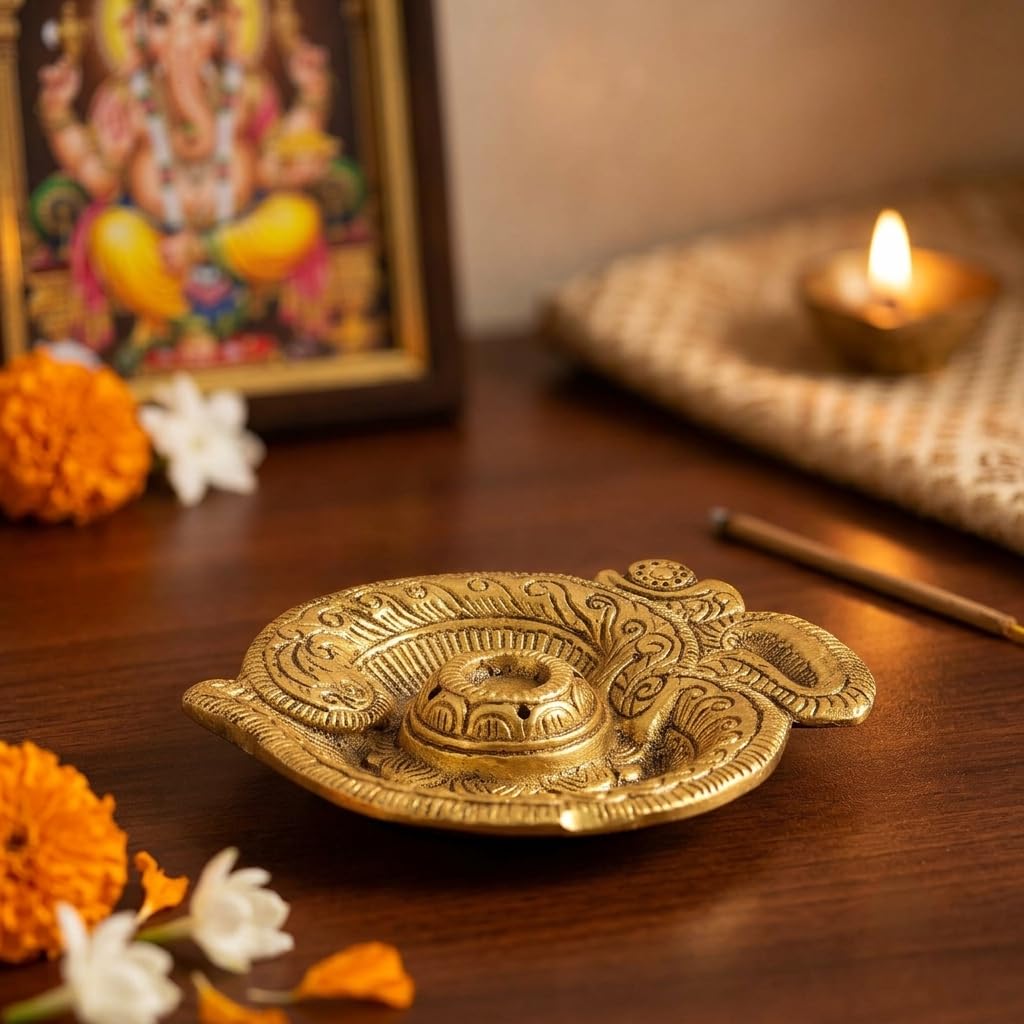 Kridaykraft Aluminum Om Incense Stick Holder with Ash Catcher, Traditional Gold Finish Agarbatti Stand for Puja Room, Home Decor, Meditation & Gifting
