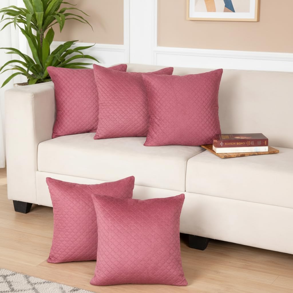 STITCHNEST Quilted Velvet Cushion Covers Set of 5 | Soft Peach | 16x16 Inches | Premium Sofa & Living Room Décor