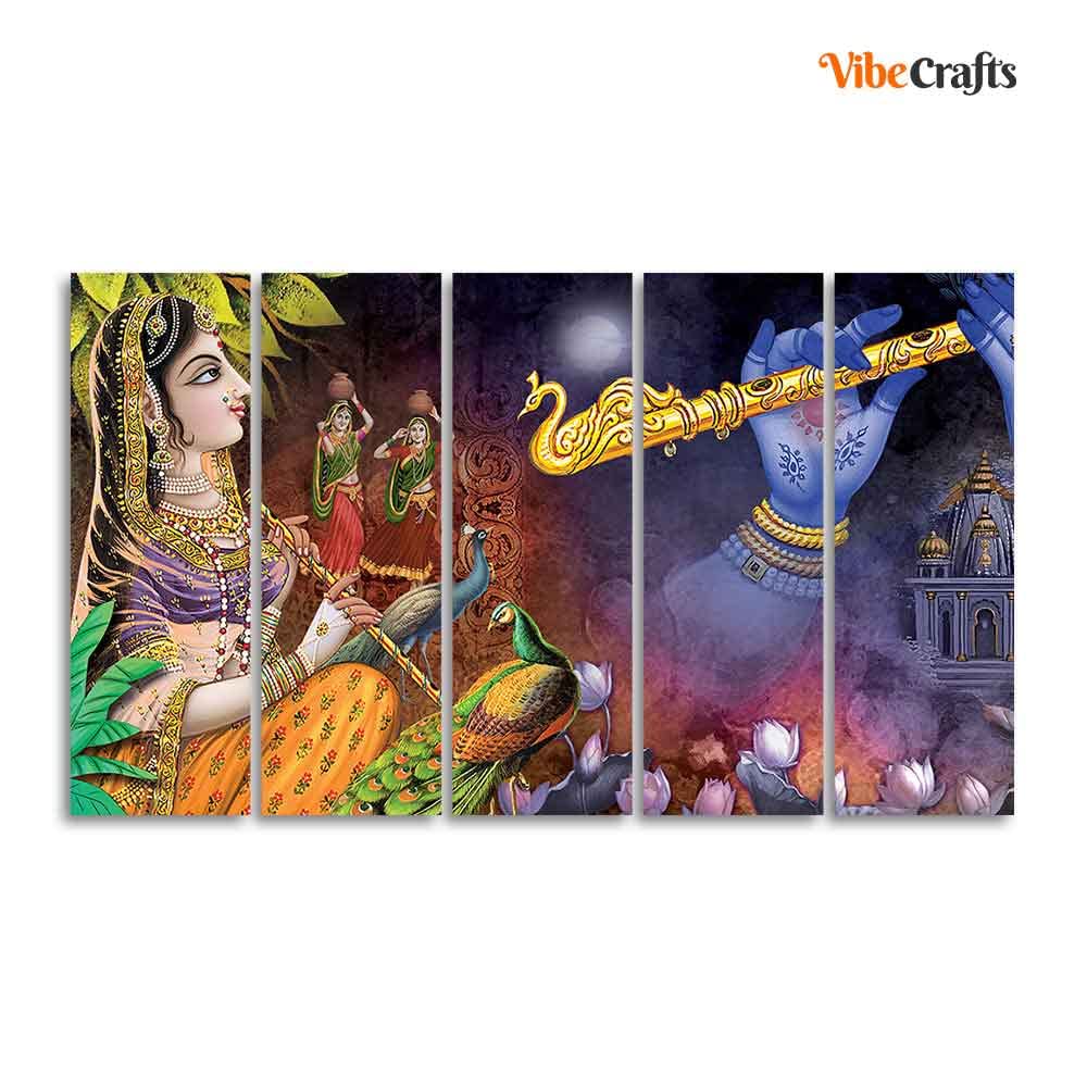 VIBECRAFTS Five Pieces Wall Painting of Radha Krishna Warli Art For Home|Office|Living Room|Gift (PTVC5Pcs4_8729)