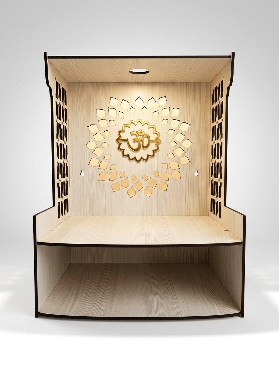 GOJEEVA KRAFT Beautiful White Wooden Pooja Stand for Home, Temple, Office, Wall Mounted Puja Mandir with LED Spot Light Size (L- 29 CM, W- 25 CM, H - 37.5 CM)