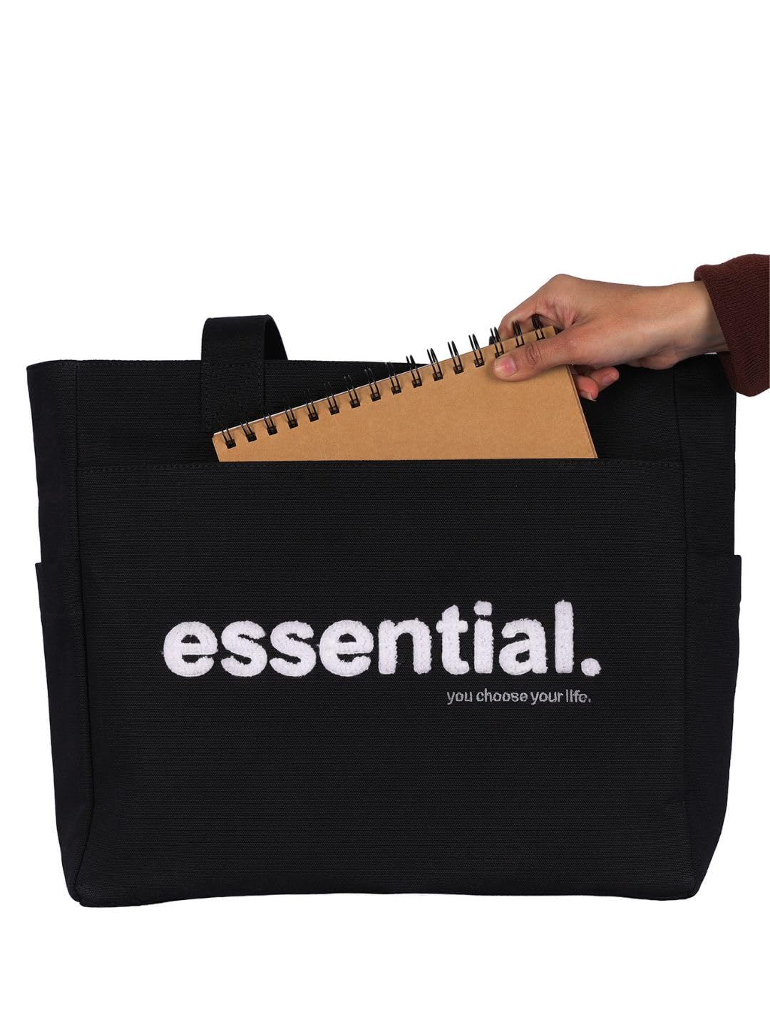 TSANTA Cotton Canvas Tote Bag for Women, Large, Black, Zipper Closure, 6 Pockets, Laptop Compartment, 35x33x11 cm
