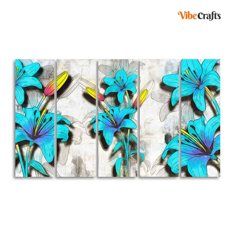 VIBECRAFTS Blue Lily Flowers Canvas Wall Painting of Five Pieces For Home|Office|Living Room|Gift (PTVC5Pcs4_8702)