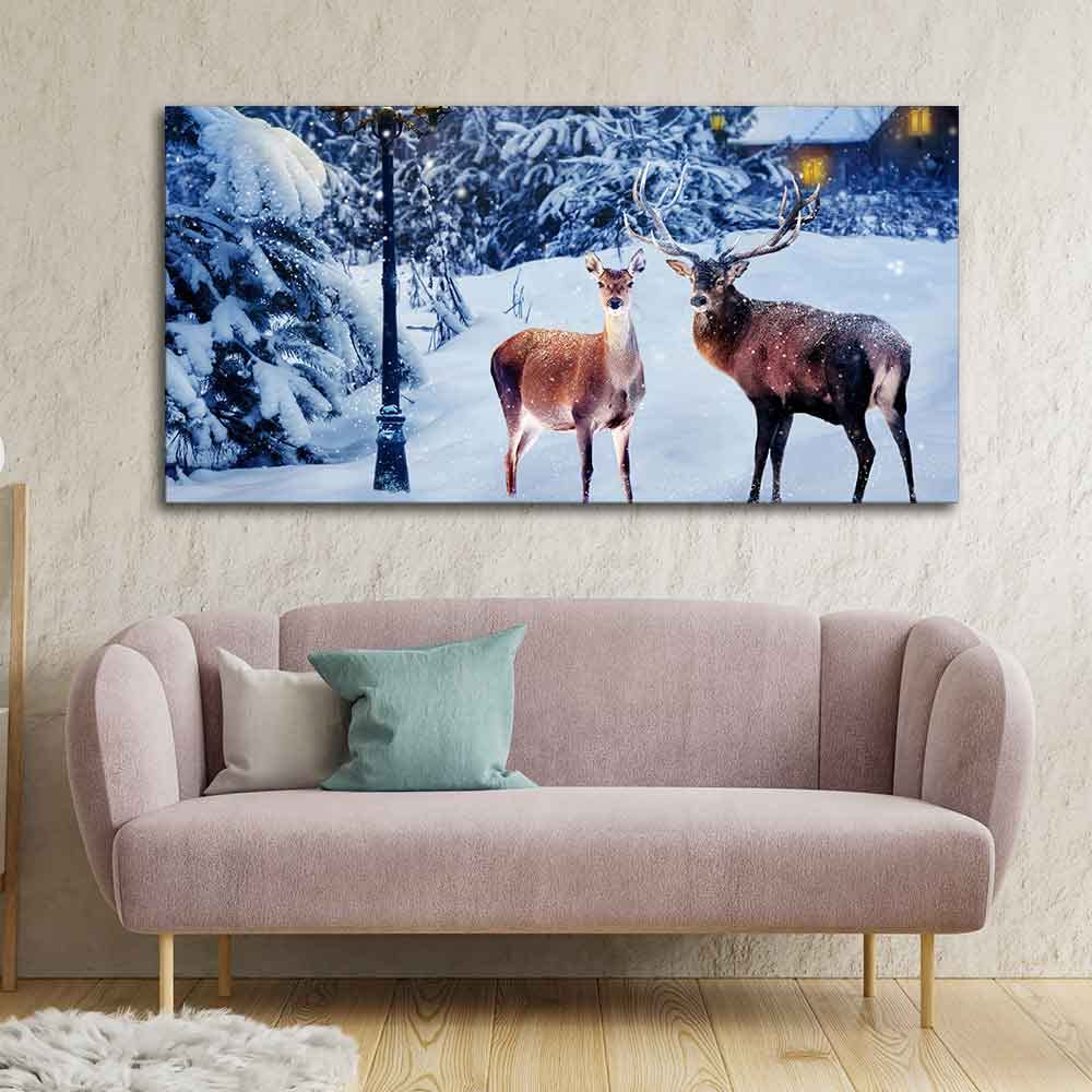 VIBECRAFTS Canvas Paintings for Living Room Drawing Room Pair of Red Deer in Snowy Forest Wall Painting for Home|Office|Gift(PTVCH_2352)