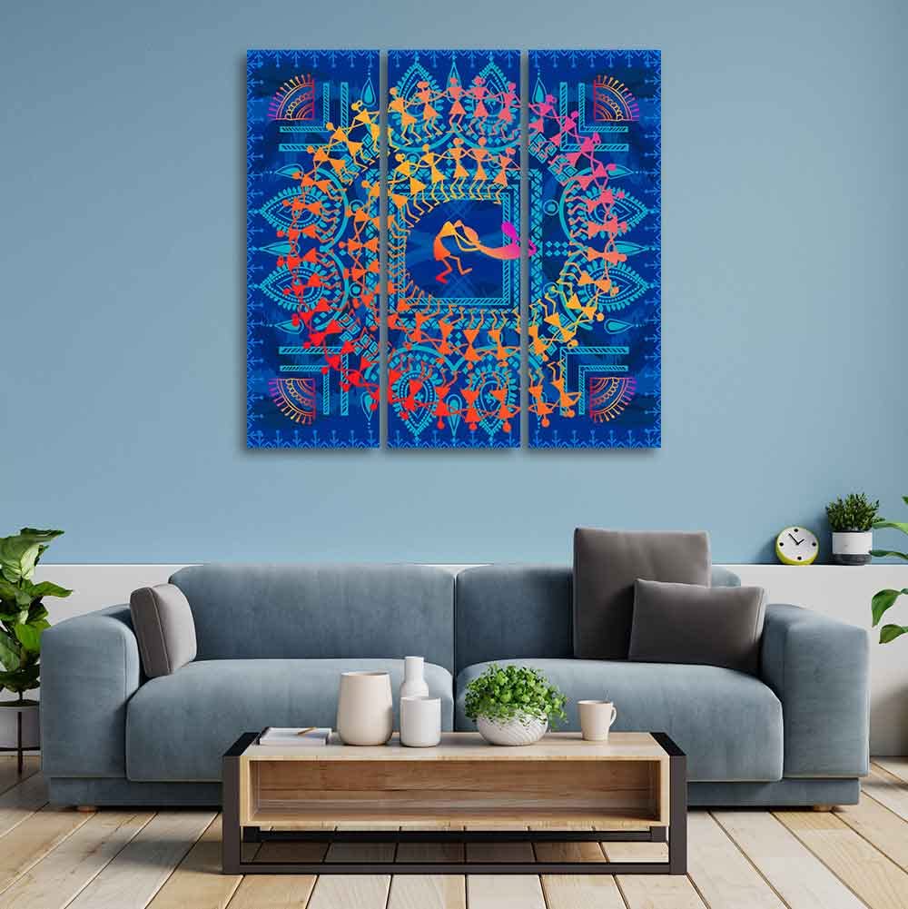 VIBECRAFTS Homcraft 3 Pieces Warli Art Canvas Wall Painting Fitted With Wooden Frame For Home | Office | Living Room | Gifts (PTVC3Pcs1_9509)