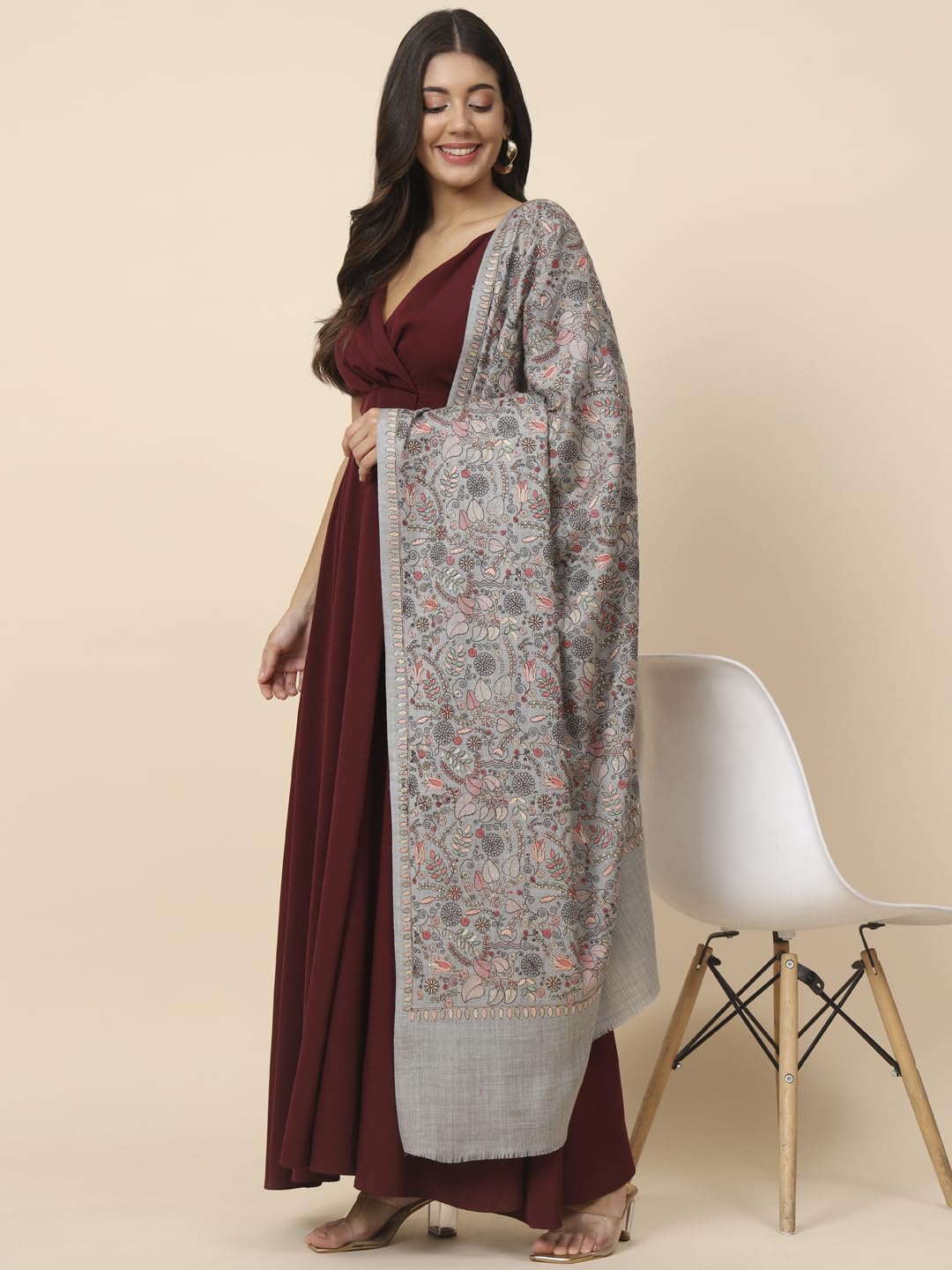 Pashmoda Women Gilkaari Pure Wool Embroidered Shawl (Size 101X203 CM)