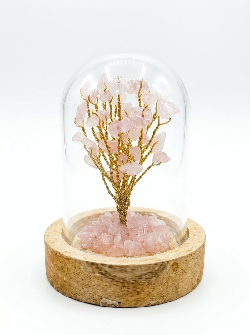 Rose Quartz Crystal Tree in Fixed Glass Dome (Tiny 2.5-Inch Size) Miniature Crystal Show Case for Home Decor, Office Desk,Study Table & Feng Shui Gifing