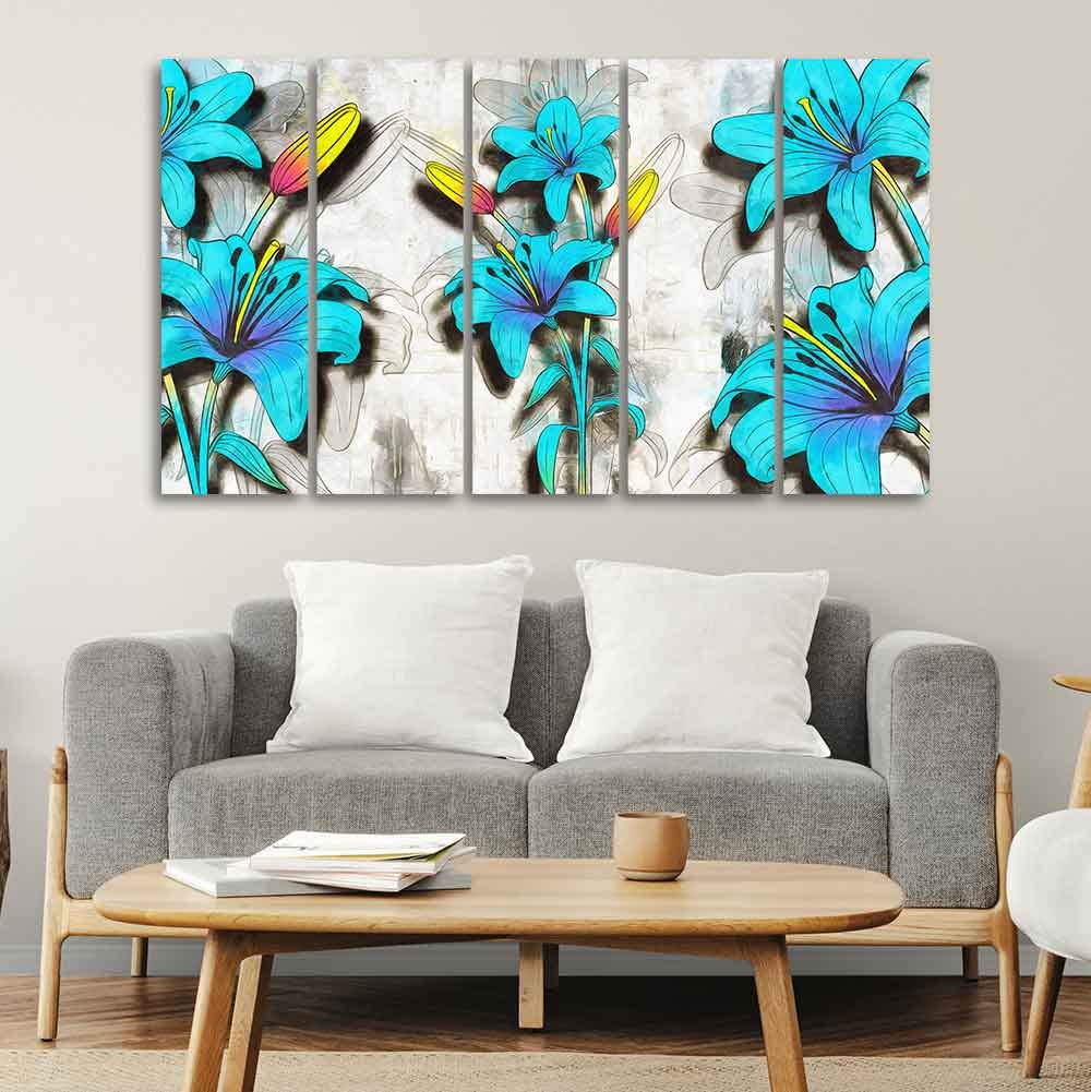 VIBECRAFTS Blue Lily Flowers Canvas Wall Painting of Five Pieces For Home|Office|Living Room|Gift (PTVC5Pcs4_8702)
