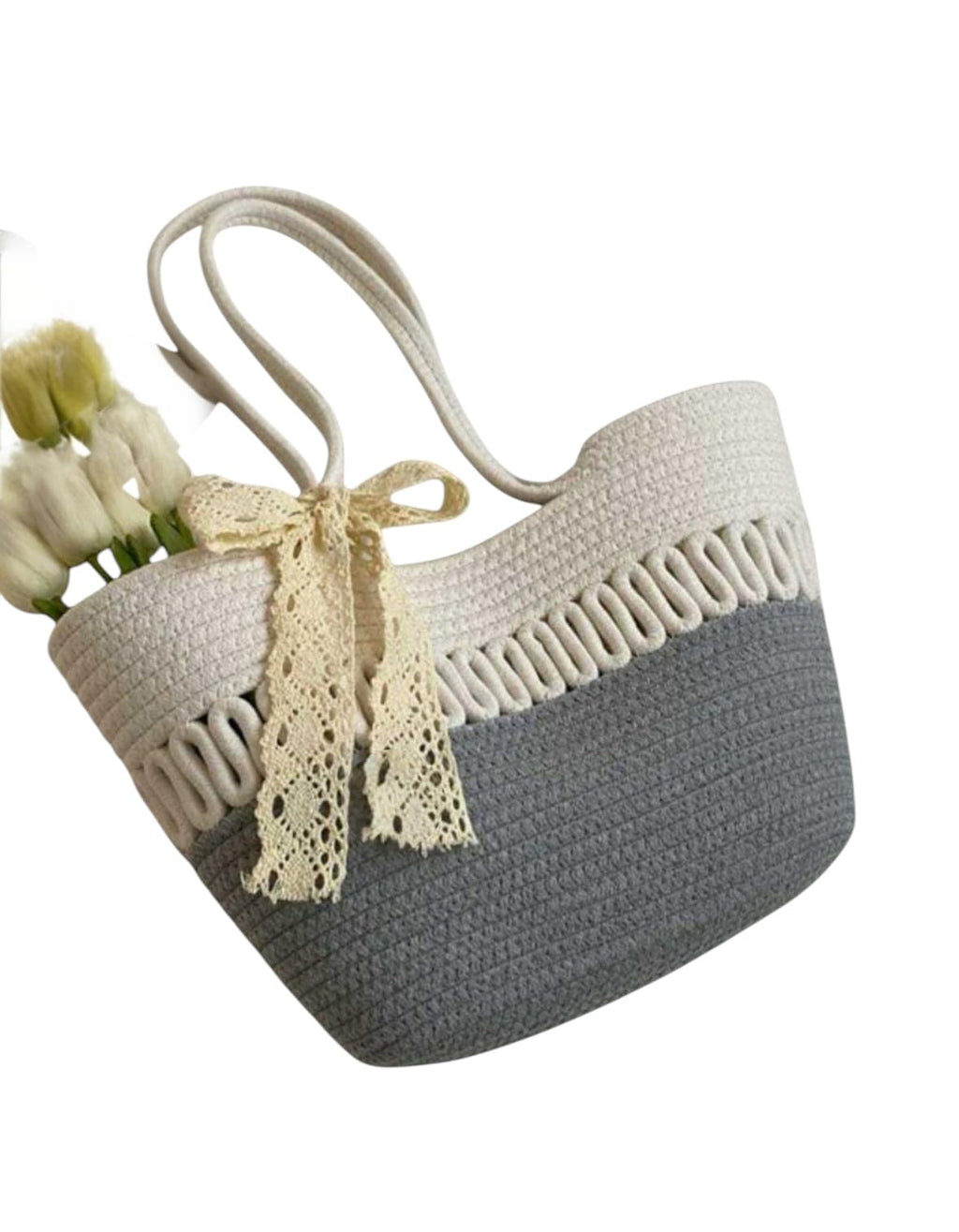 DYARCHY Cotton Rope Jute Tote Bags for Women with Zip, Shoulder Handbag Beach Tote Bag (Grey & White)