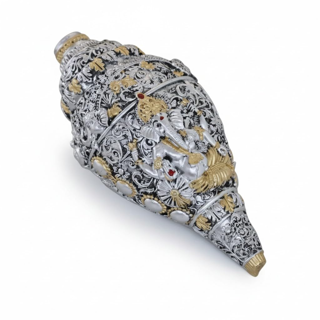 KridayKraft Lord Ganesha shankh Antique Decorative Conch Shell Figurine, 22x11 cm, 800 gm, for Wealth, Prosperity and Good Luck.
