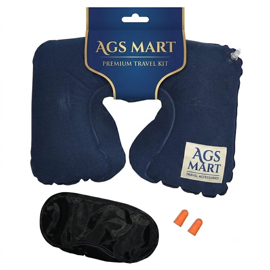 Auraaq 3 in 1 Travel Inflatable Nylon Neck Air Cushion Pillow with Eye Mask and 2 Ear Plugs (Set of 3)