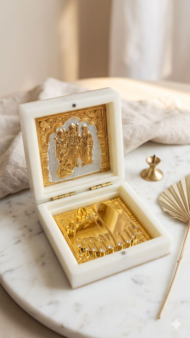 Ram Darbar Photo Frame,Pocket Temple with Charan Paduka, Gold Plated, Ram Parivar Photo Gift Box