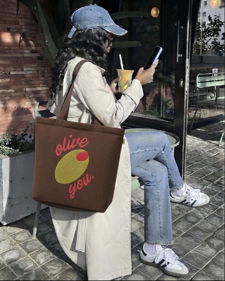 MASQ Premium ToteBag for Women with Zipper | Embroidered Foldable Shoulder Bag with Multiple Pockets | Spacious Handbag for College & Office | Eco-Friendly & Reusable (AP_TB_Olive_You_01)