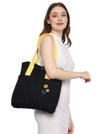 NECAVU Canvas Tote Bag for Women | Aesthetic Canvas College Bag for Girls with Inner & Outer Pockets | Cotton Utility Women Handbags for Shopping, Travel & Daily Use | (Black, Yellow Handle)