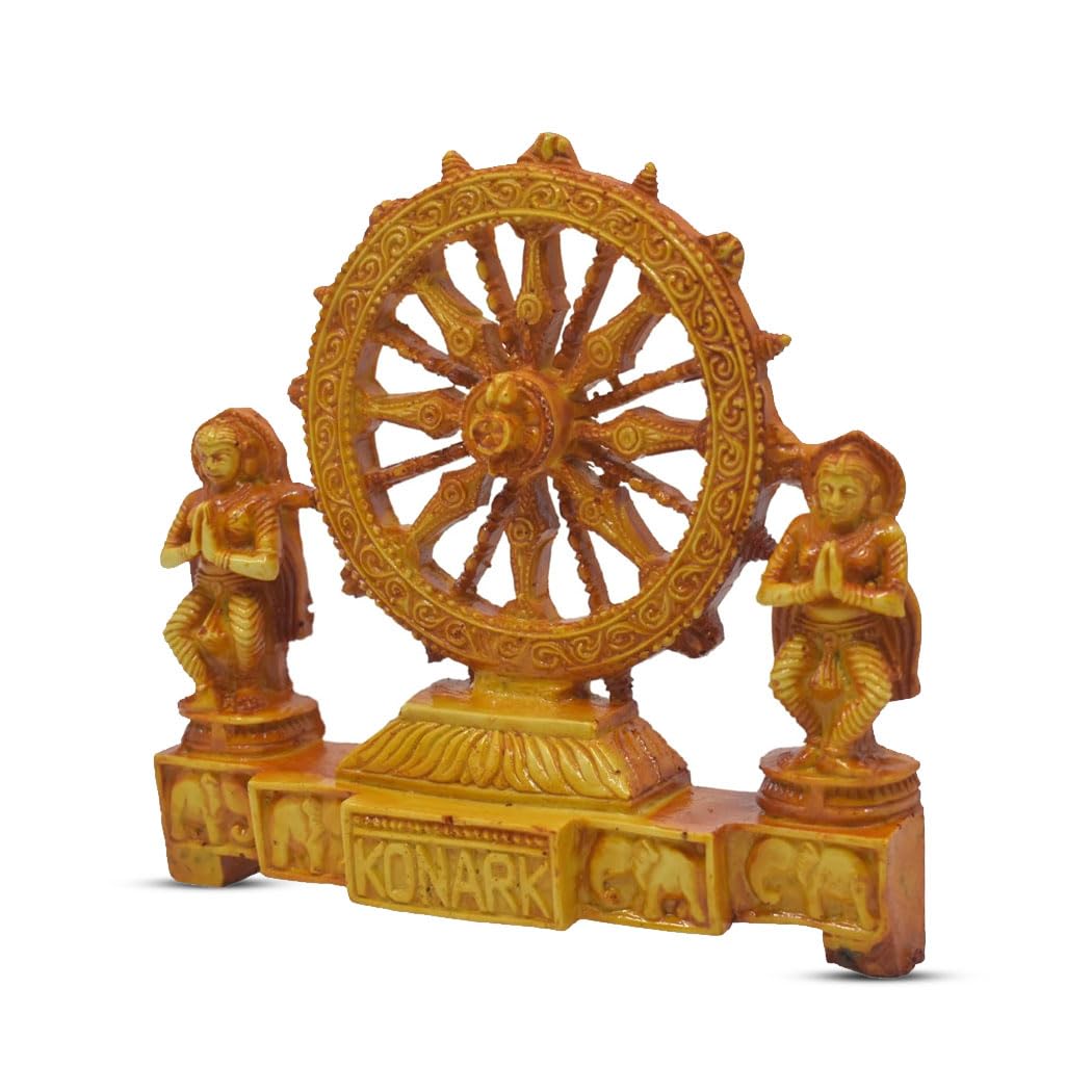 NEALEXKLUSIVE® Marble Dust Konark Sun Temple Wheel with Odishi Dancer Showpiece for Home and Office Decor & Gift Brown Color 5H x 5.7L Inch 01 Piece