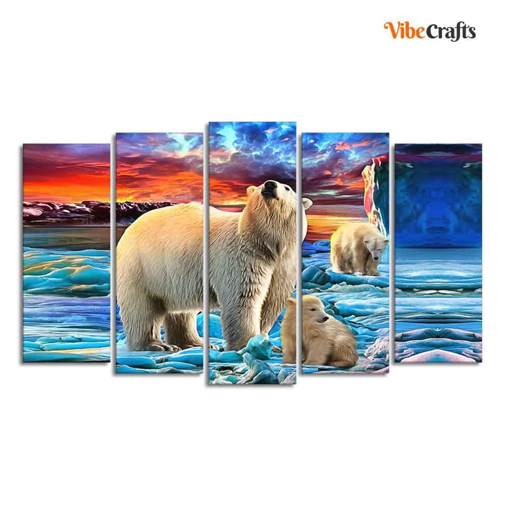 VIBECRAFTS Polar Bears Wall Painting of Five Pieces For Home|Office|Living Room|Gift (PTVC5Pcs2_6626)