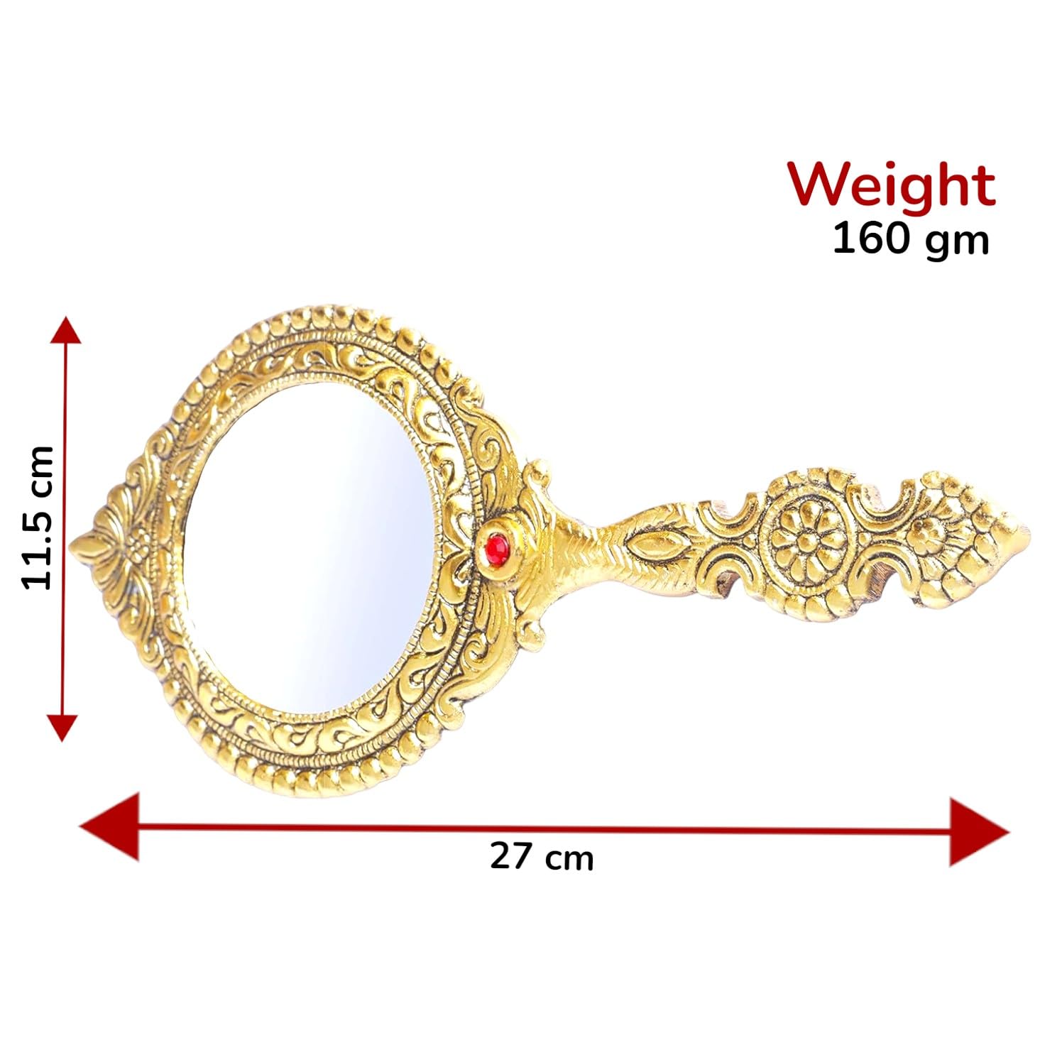 KridayKraft Beautifully Carved Round Shape Framed Gold Plating Metal Hand Mirror For Makeup, Travelling, Salon Mirror & Decorative Mirror Antique Item For Wedding Gifts.