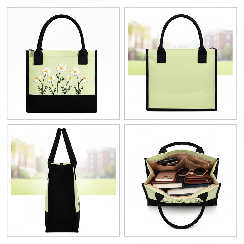 ECOCARRY Cotton Tote Bag For Woman Stylish | Embroidered Canvas Hand Bag With Floral Design | Latest Casual Shoulder Bag Zipper For College Girls, Office, Daily Use, Travel, Beach, Shopping (Green)