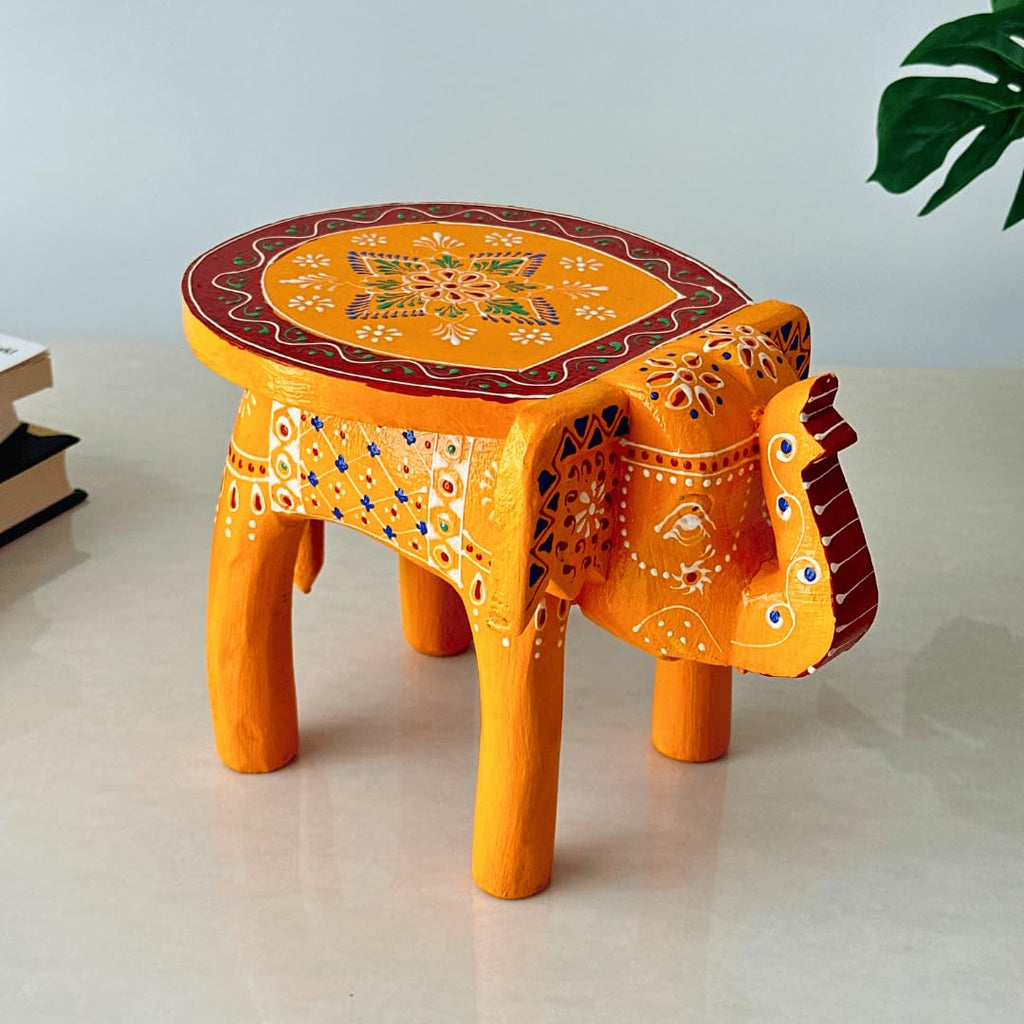 ATRANGI STUDIO Orange Handpainted Wooden Elephant Stool Cum Showpiece | Mango Wood Traditional Multipurpose Stool for Living Room Decor & Mandir | Perfect for Plant Stand | 8x8x10 inch