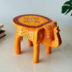 ATRANGI STUDIO Orange Handpainted Wooden Elephant Stool Cum Showpiece | Mango Wood Traditional Multipurpose Stool for Living Room Decor & Mandir | Perfect for Plant Stand | 8x8x10 inch