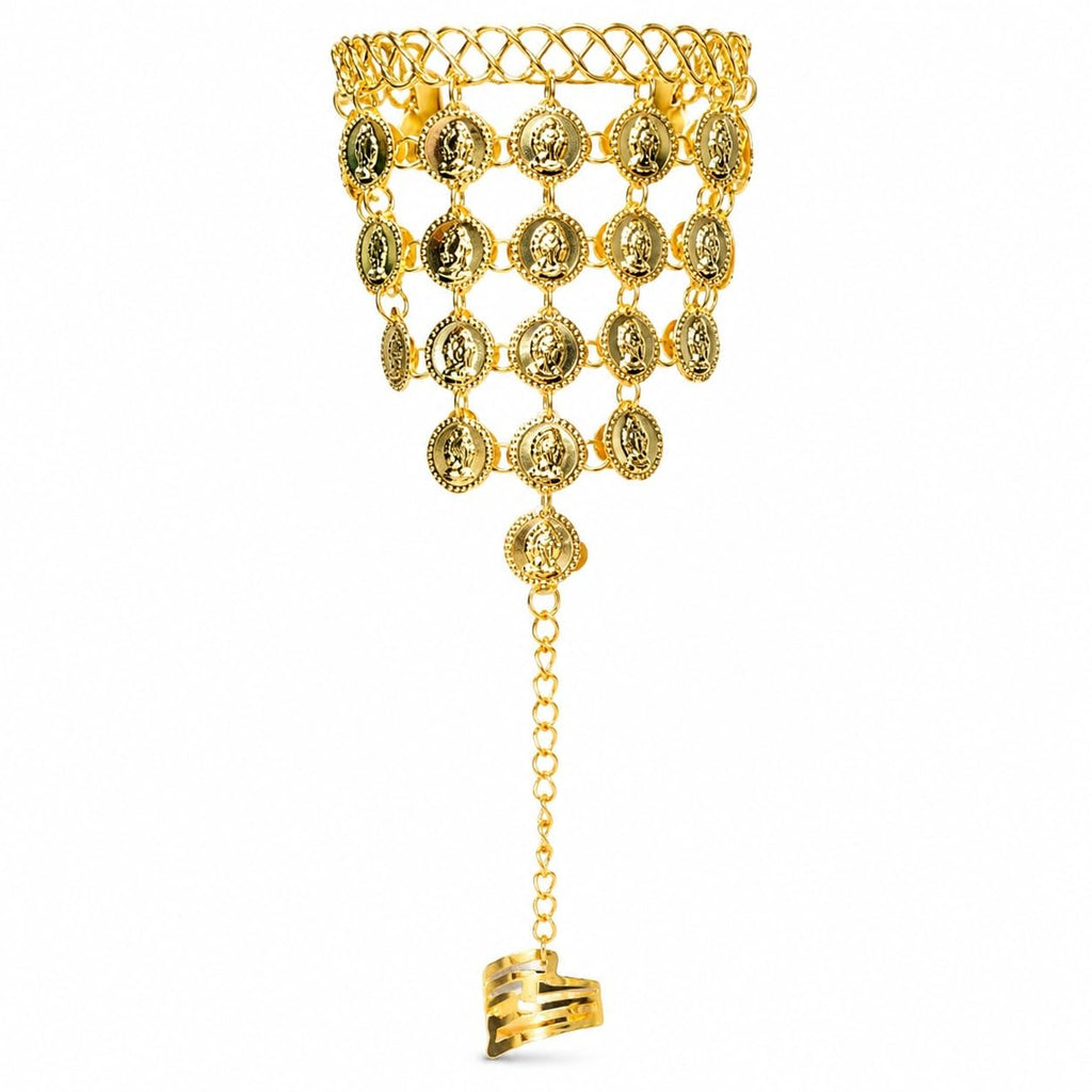VRITRAZ Women's Chiffon Belly Dance 30 Coin Headband, Wrist Band, Face Veil And Metal Hip Scarf (Gold)