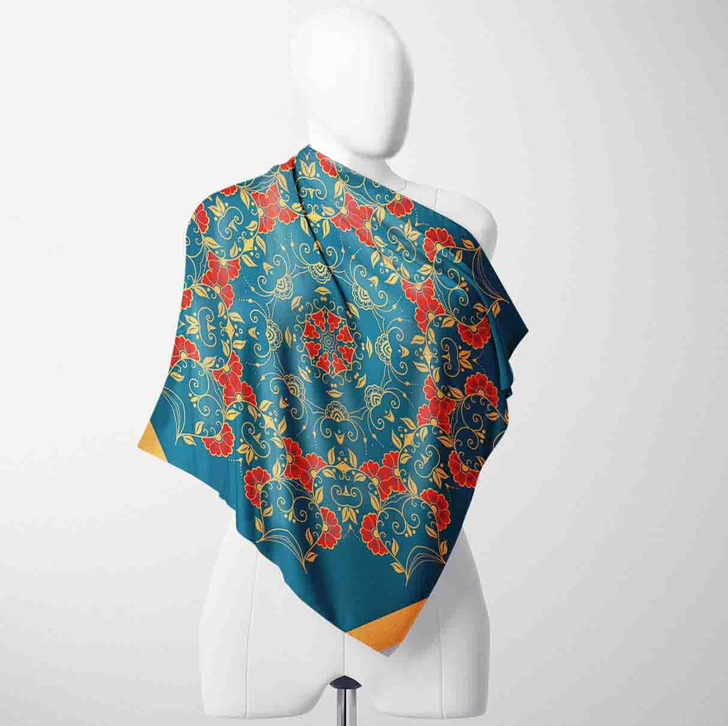 KANJAARA Elegant Japanese Floral Silk Scarf, Premium Satin Square Bandana, 40 x 40 inches, Multipurpose Fashion Accessory for Head Wrap, Neck Wear, Handbag Decoration (D-354)