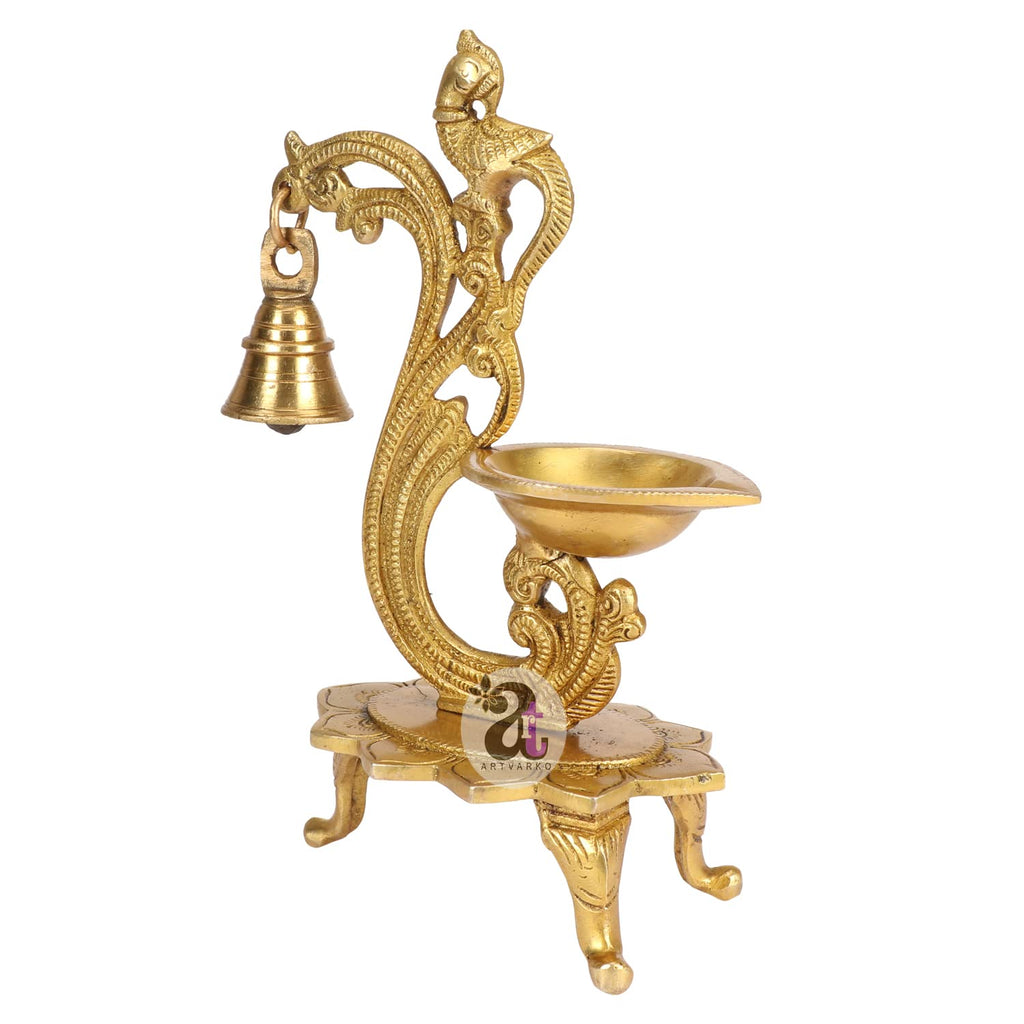 Artvarko Brass Bird Peacock Traditional Hanging Bell Diya Oil Lamp Stand Diwali Puja Home Office Temple , 8 Inches