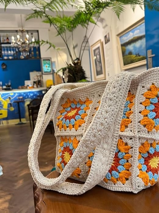 M/S DIGITAL HANDICRAFT Womens Stylish Cotton Hand-crochet Spacious Tote Shopping Bag Handmade Knitting Shoulder Bag, Vintage Style Crochet Bohemian Bag