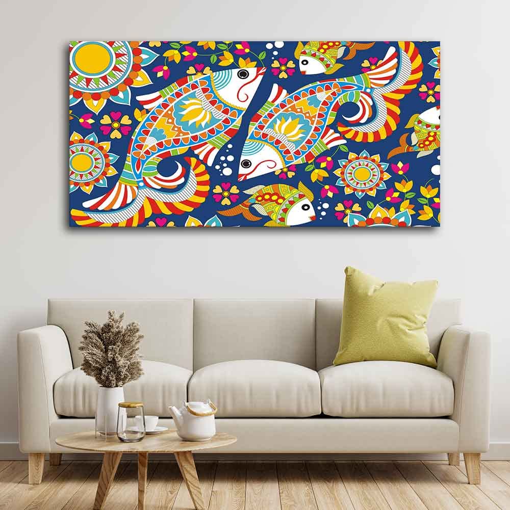 VIBECRAFTS Canvas Paintings for Living Room Drawing Room Madhubani Art Canvas Wall Painting Fitted With Wooden Frame for Home | Office | Gift (PTVCH_2405)