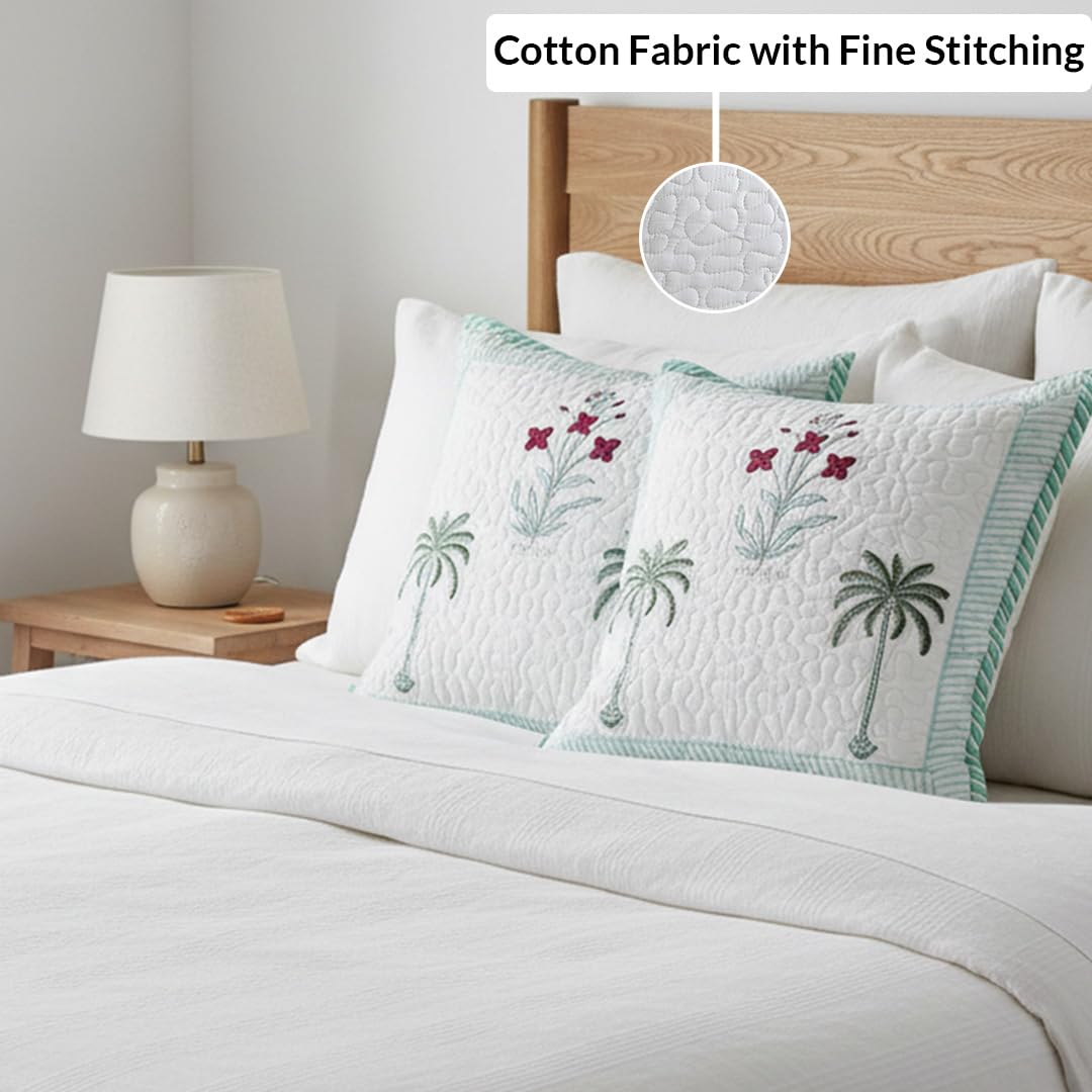 HOMEMONDE Pack Of 2 Floral Hand Block Print Soft Throw Cushion Cover - Green 16 X 16 Inches Quilted Cotton Sofa Pillow Case For Home Decor, 300 TC