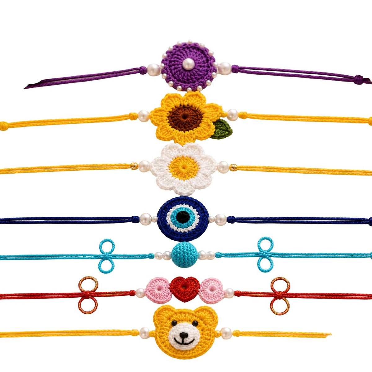 Crochet Rakhi Bracelets with Pearl Beads, Set of 7