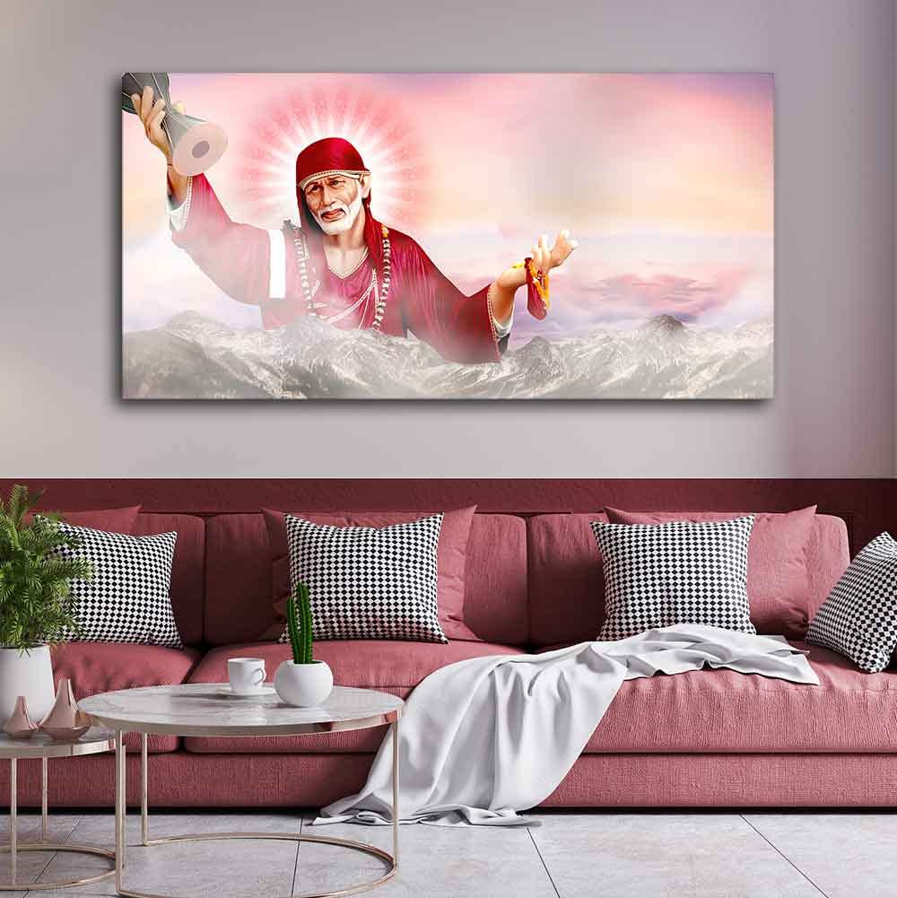 VIBECRAFTS Canvas Paintings for Living Room Drawing Room Big Size Devotional Sai Baba Wall Painting Fitted with Wooden Frame for Home|Office|Gift(PTVCH_2249N)