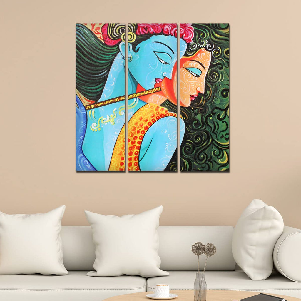 VIBECRAFTS 3 Pieces Shree Radha Krishna Canvas Wall Painting Fitted With Wooden Frame For Home | Office | Living Room | Gifts (PTVC3Pcs1_9548)
