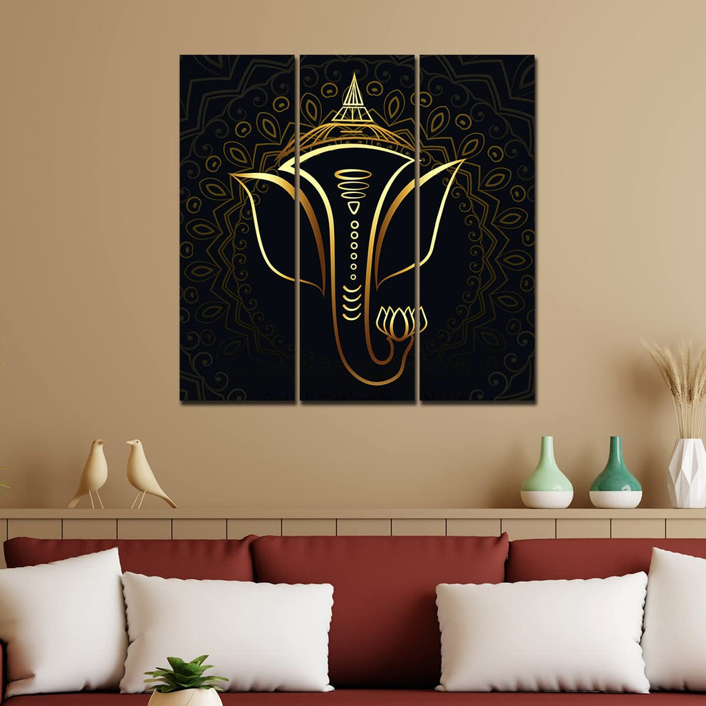 VIBECRAFTS 3 Pieces Shree Ganesha Canvas Wall Painting Fitted With Wooden Frame For Home | Office | Living Room | Gifts (PTVC3Pcs1_9589)