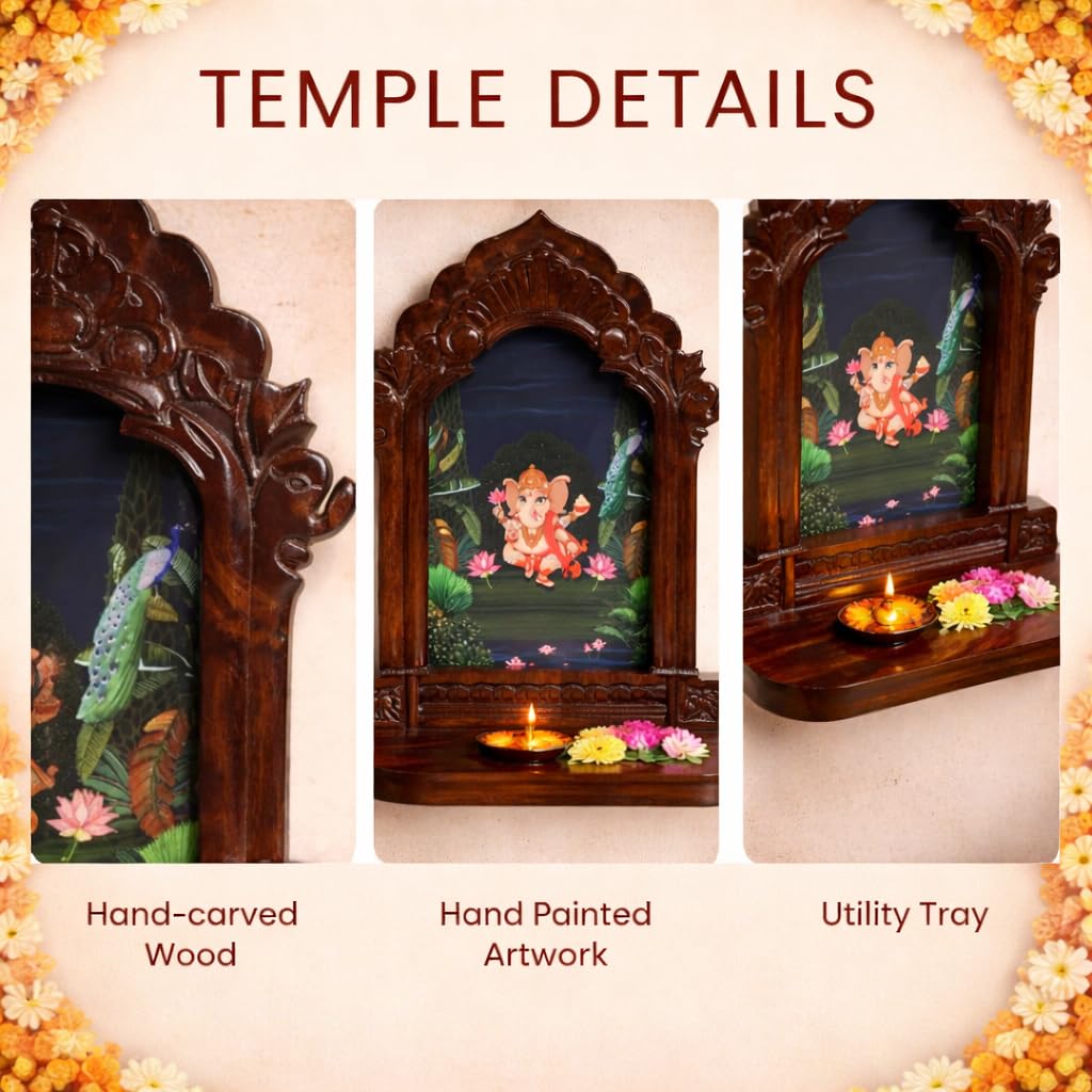 RITUALISTIC Wooden Mandir for Home Wall | Home Temple with Removable Tray | Compact Wooden Mandir for Daily Pooja |Wall Mounted Pooja Stand for Home Décor | Dimension 11.5 x 4 x 14 inches | Ganesha