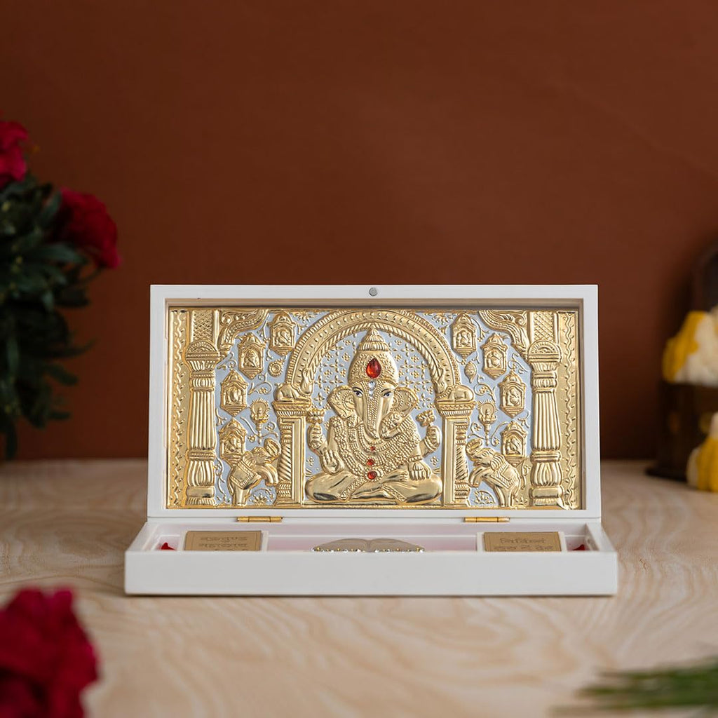 Svastika Ganesha Pocket Temple | 24 Karat Gold and Silver Coated | Ganpati Idol for Home Mandir | Office Table | Gift for Diwali | Pooja Room | Vastu Decor | Small Size 21 cm