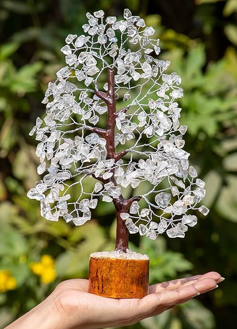 JINALI GEMS ® Clear Quartz Tree - Natural Gemstone Healing Crystal Bonsai Tree of Life- Protection & Aura Cleansing - Size 9-10 inch (Silver Wire - 300 Beads Approx)