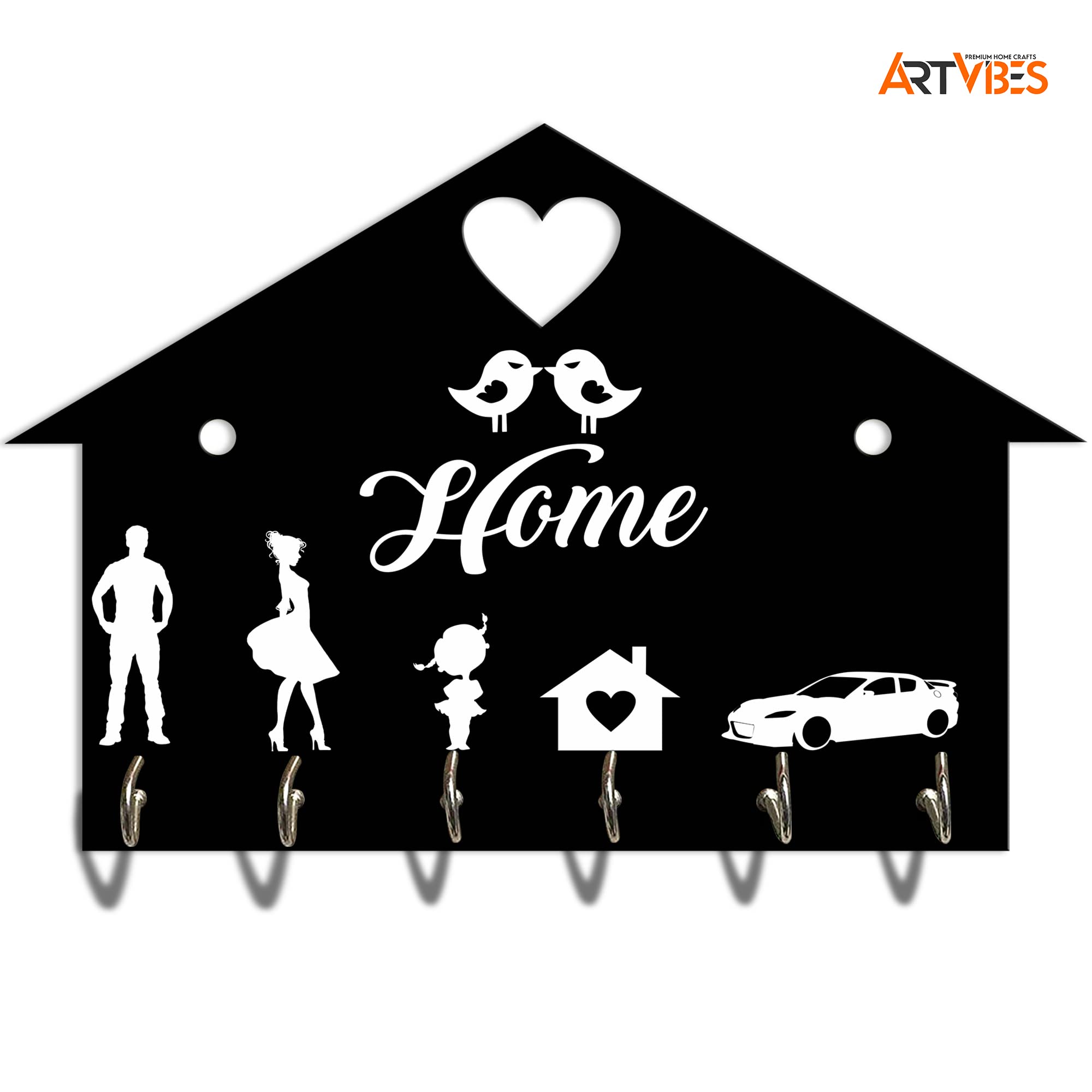Artvibes Unique Stylish Wooden Key Holder for Wall Decor with Stylish Stainless Steel 6 Hooks Beautiful Key Organizer for Home Decoration(KH_814), Black1