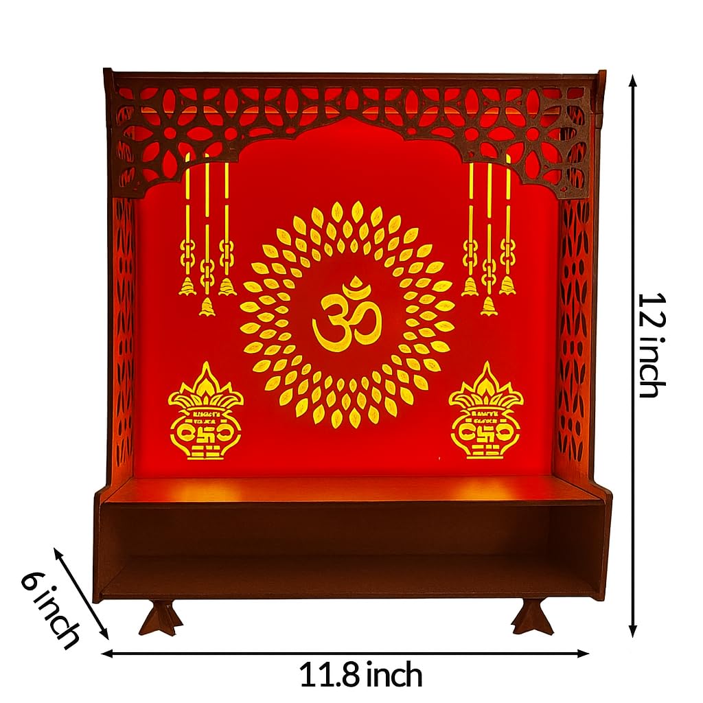 Wooden LED Light Pooja Mandir with Om Symbol and Kalash Design | Wall Mounted or Table Top Temple for Home | Decorative MDF Temple with Laser Cut Design & Drawer