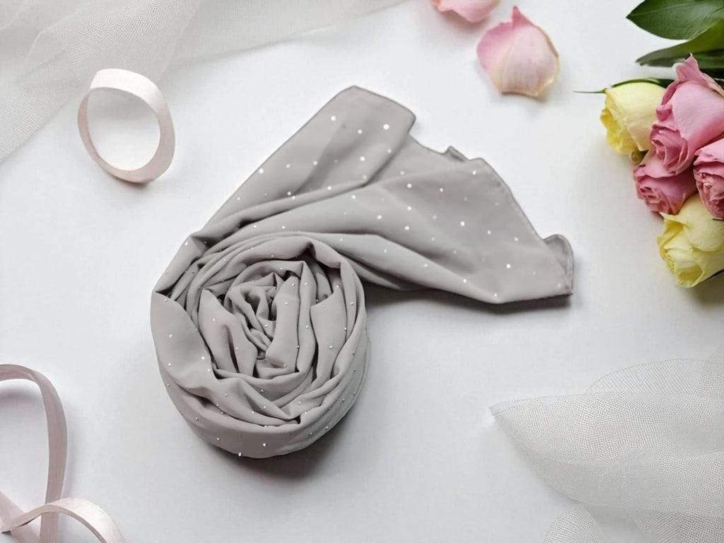 Premium Rhinestone Hijab | Korean Georgette | 70 x 30 Inch | Sparkle Scarf for Women | Soft & Lightweight Fabric (GREY)