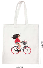 PB Pearlbags Canvas Tote Bag With Zip For Women, Duplex Printed Tote Bags for Women For Travelling, Shopping and College, Eco-friendly Stylish Modern Canvas Tote bags Cycle-White