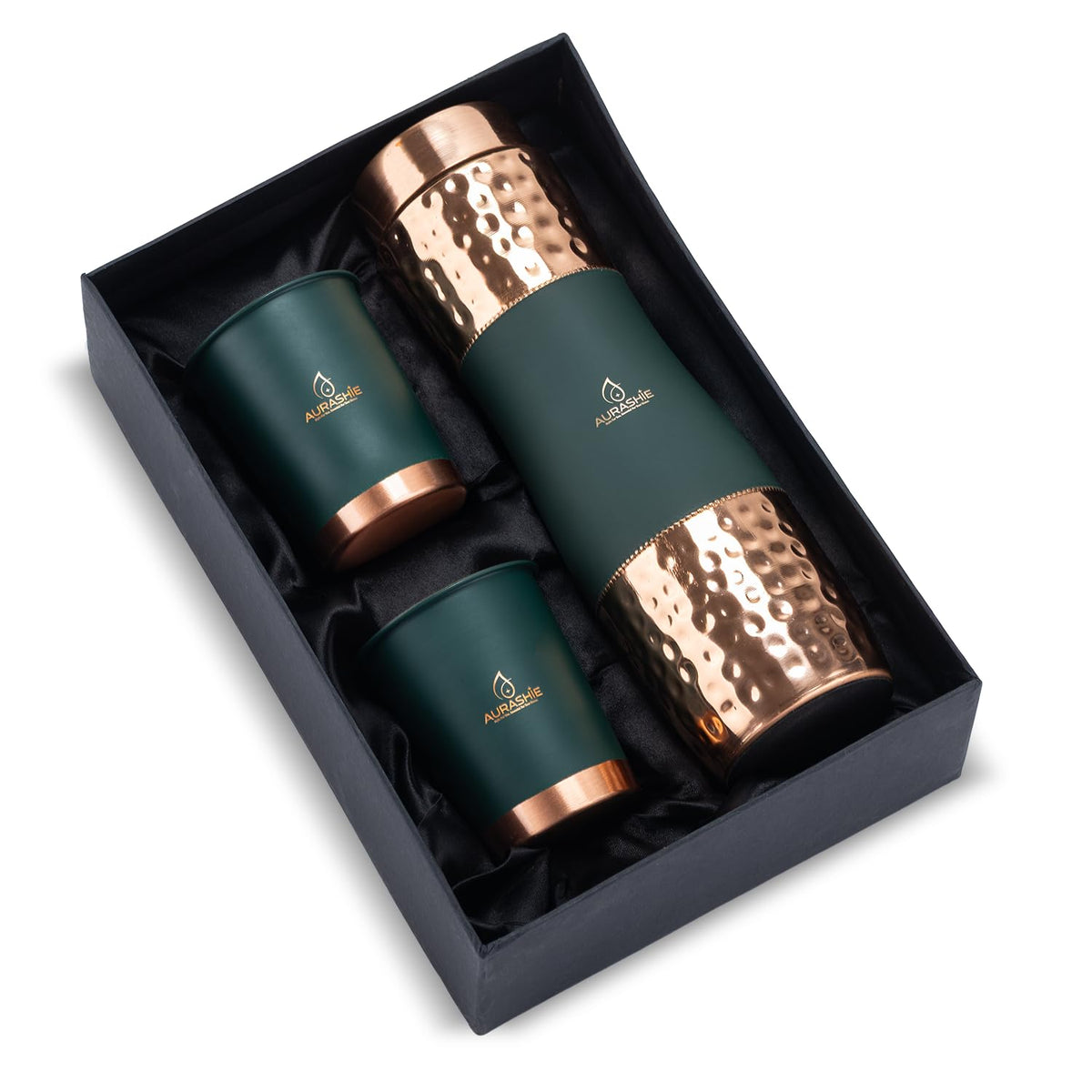AURASHIE Pure Copper Drinkware Gift Set of 1 Bottle & 2 Glasses with Box | Pure Hammered Copper Drinkware | Gift Set for Birthday, Parties, Weddings & Festivals (Green Grip Sleeve)